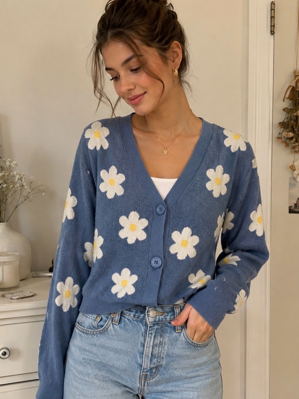Willow Ridge Blue V-Neck Daisy Button Cardigan